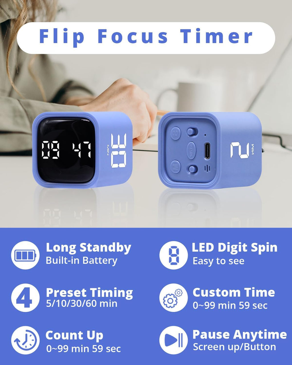 Productivity Timer Flip Gravity Sensor Cube Timer Countdown & Countup,Mute & Vibrate & Sound，5/10/30/60min & Custom Timing, Perfect for ADHD,Work,Learning,Kitchen Cooking (2 Blue)
