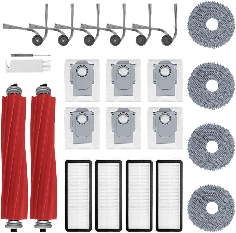 24Pcs QV 35A Accessories Kit Replacement Compatible with Roborock QV 35A/QV 35S/QR 598/QR 798 Robot Vacuum, 2 Main Brush, 4 Mop Cloth Pads, 6 Side Brushes, 4 HEPA Filters,6 Dust Bag, 1 Cleaning Tool