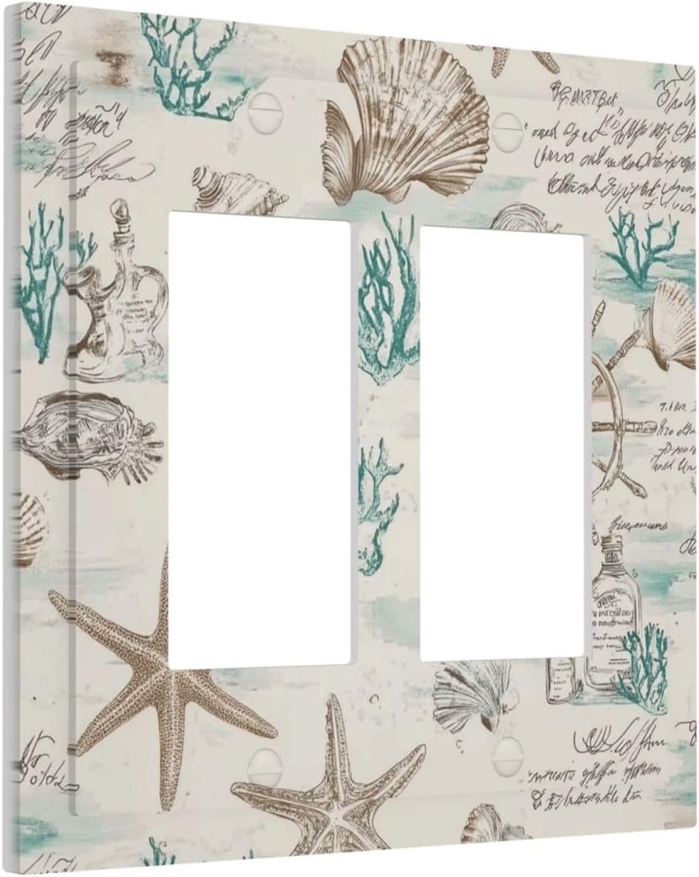 Mid Century Seashells Starfish Compass Decorative Outlet Covers 2 Gang Double Gfci Rocker Electrical Wall Panels Light Switch Cover Plate For Nursery Kids Room Decor