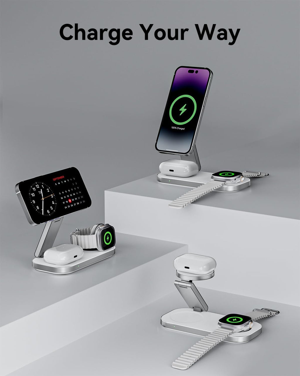 3 in 1 Wireless Charging Station for Apple Devices, Magnetic Foldable Fast Charger Stand Compatible with MagSafe for iPhone Air/17/16/15/14/13/12 Series, Apple Watch & AirPods Pro/4/3/2