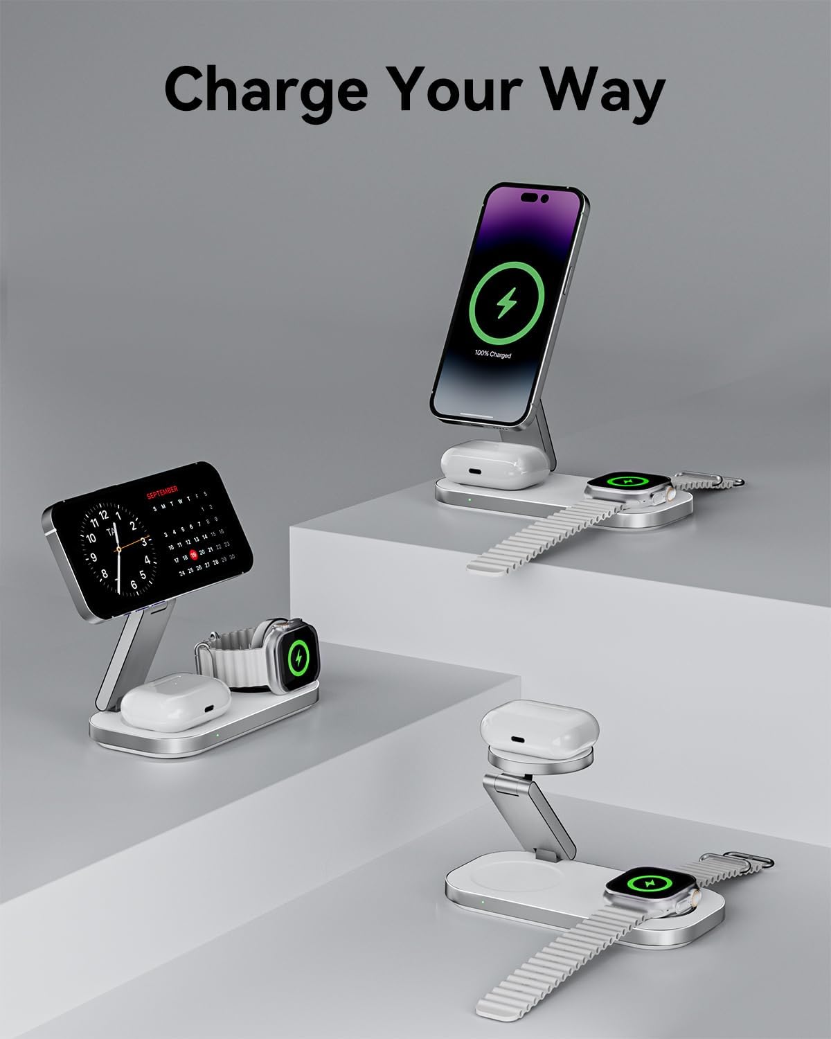 3 in 1 Wireless Charging Station for Apple Devices, Magnetic Foldable Fast Charger Stand Compatible with MagSafe for iPhone Air/17/16/15/14/13/12 Series, Apple Watch & AirPods Pro/4/3/2