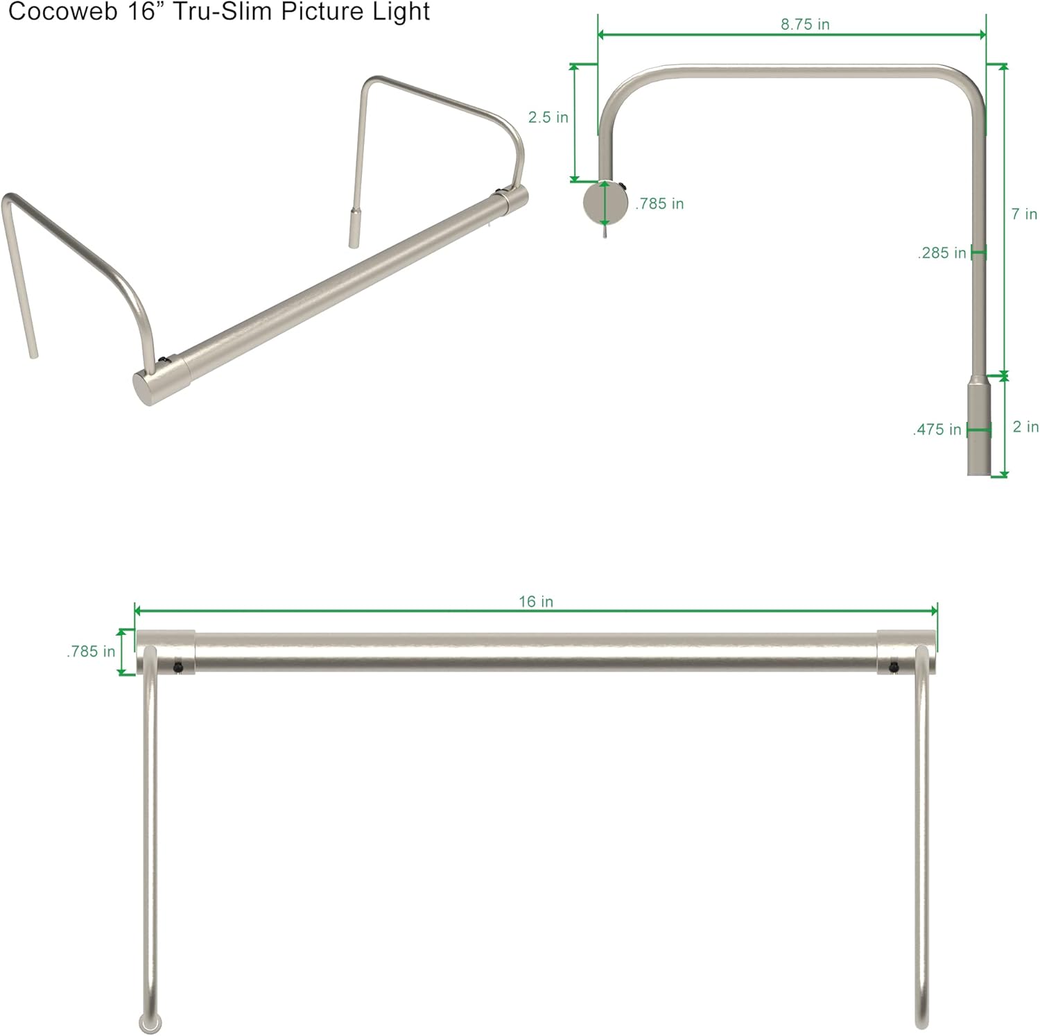 Cocoweb 16 Inch Tru-Slim Satin Nickel Picture Light - LED, 2700K, Adjustable Arm, Plug-in, Toggle Switch, Sleek and Compact Design