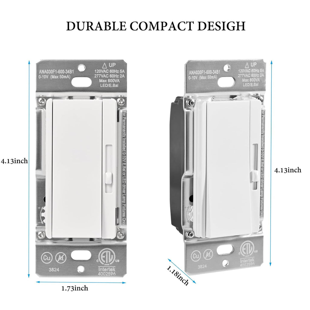 0-10V LED Dimmer Switch for 0-10V Dimmable LED Lights, Single-Pole or 3-Way, Wallplate Included, ETL Listed