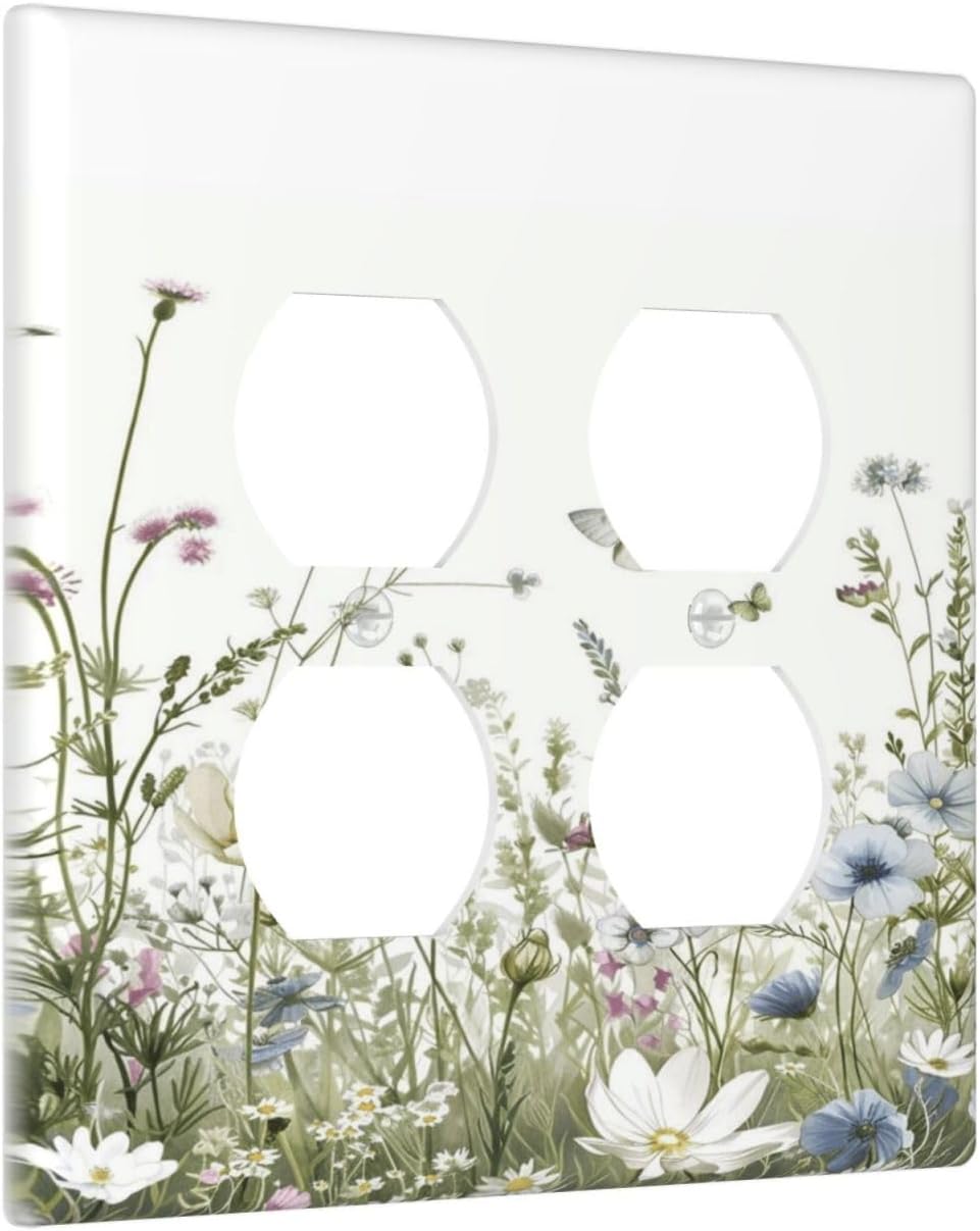 Colorful Wildflowers Daisy Plant Butterfly Floral Outlet Covers 2 Gang Double Duplex Decorative Light Switch Covers Electrical Wallplates Socket Faceplate for Bed Room Living Room Decor