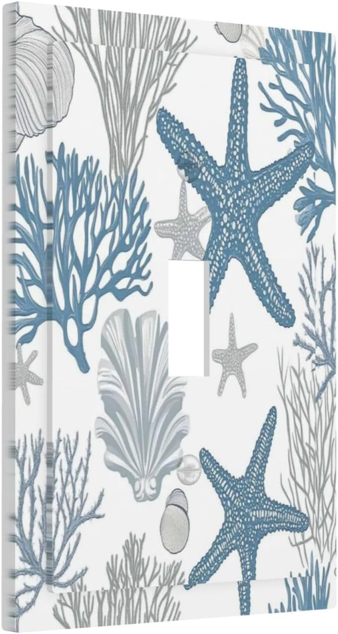 Blue Starfish Nautical Beach Conch Coastal Coral Shell Decorative Light Switch Cover 1 Gang Single Toggle Device Electrical Faceplate Switchplates Decorator Outlet Wall Plate For Kids Room Bathroom