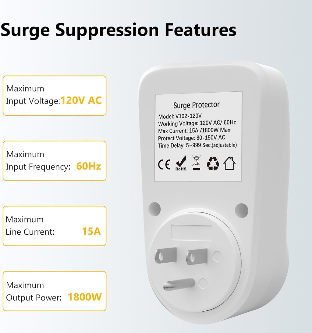 BSEED Voltage Protector Electronic Surge Protector Outlet, 1800W Wall Surge Protector for Refrigerator, TV, PC, Home Appliance, Voltage Regulator with LED Display Screen, Adjustable, 15A, 120V, 1 Pack