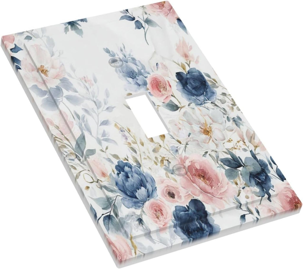 Elegant Watercolor Pink Blue Flowers Floral Single Toggle Light Switch Cover plate Outlet Cover Decorative Switchplate Wall Plates Electrical Panel Cover for Bathroom Living Room 5 X 3 IN
