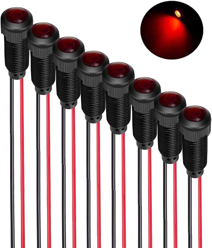 8pcs Red LED Indicator Pilot Light AC/DC 12-24V Mounting Hole Size 8mm(Flame Retardant Plastic Shell)