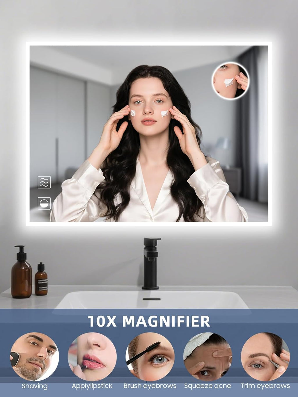Led Mirror for Bathroom, 24x32 Inch Backlit Mirror with 10X Magnification and Shaver Charging Port, Anti-Fog, Memory Function, 3 Color Temperature, Dimmable Led Bathroom Mirror, Horizontal/Vertical