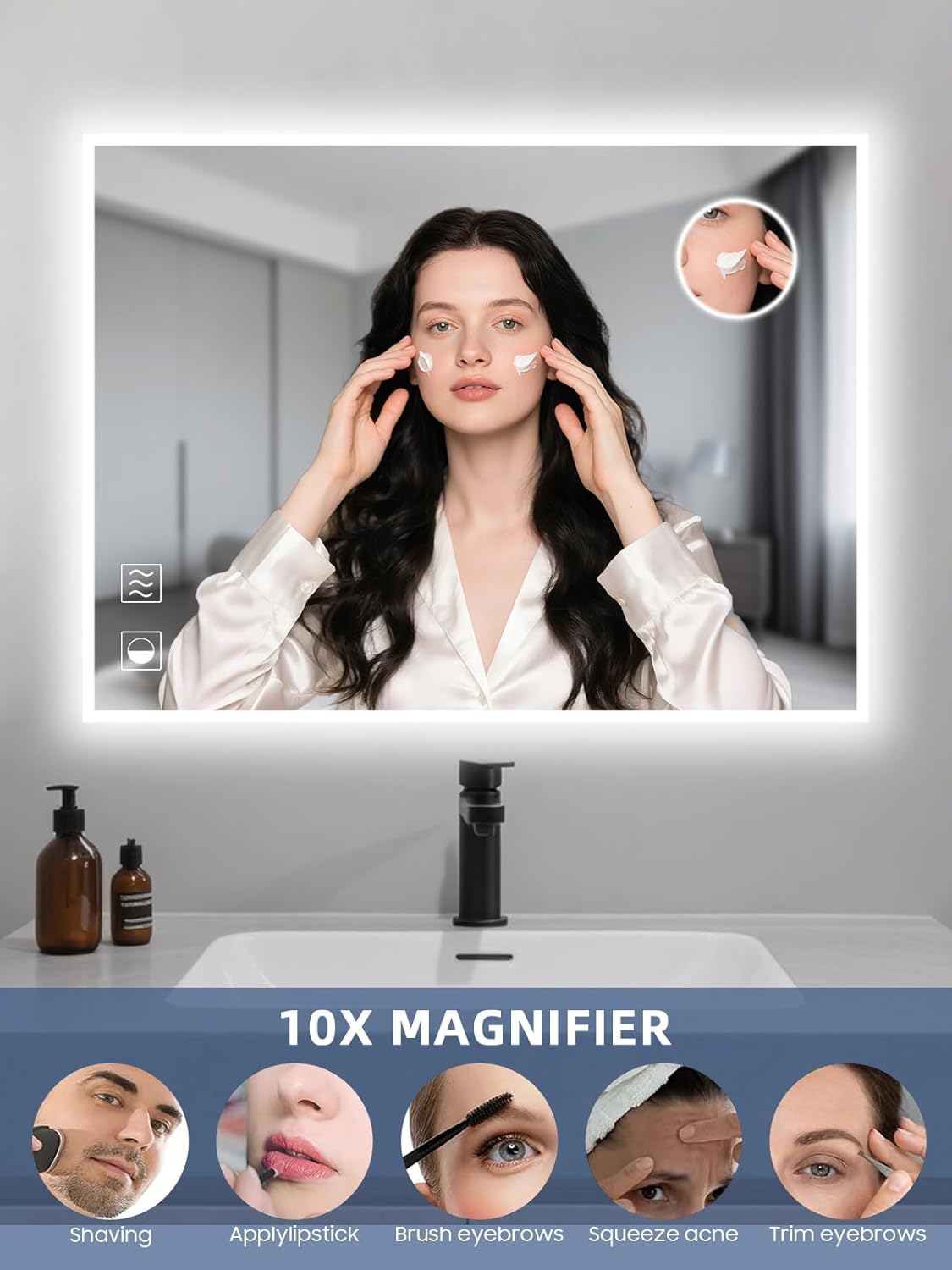 Led Mirror for Bathroom, 24x32 Inch Backlit Mirror with 10X Magnification and Shaver Charging Port, Anti-Fog, Memory Function, 3 Color Temperature, Dimmable Led Bathroom Mirror, Horizontal/Vertical