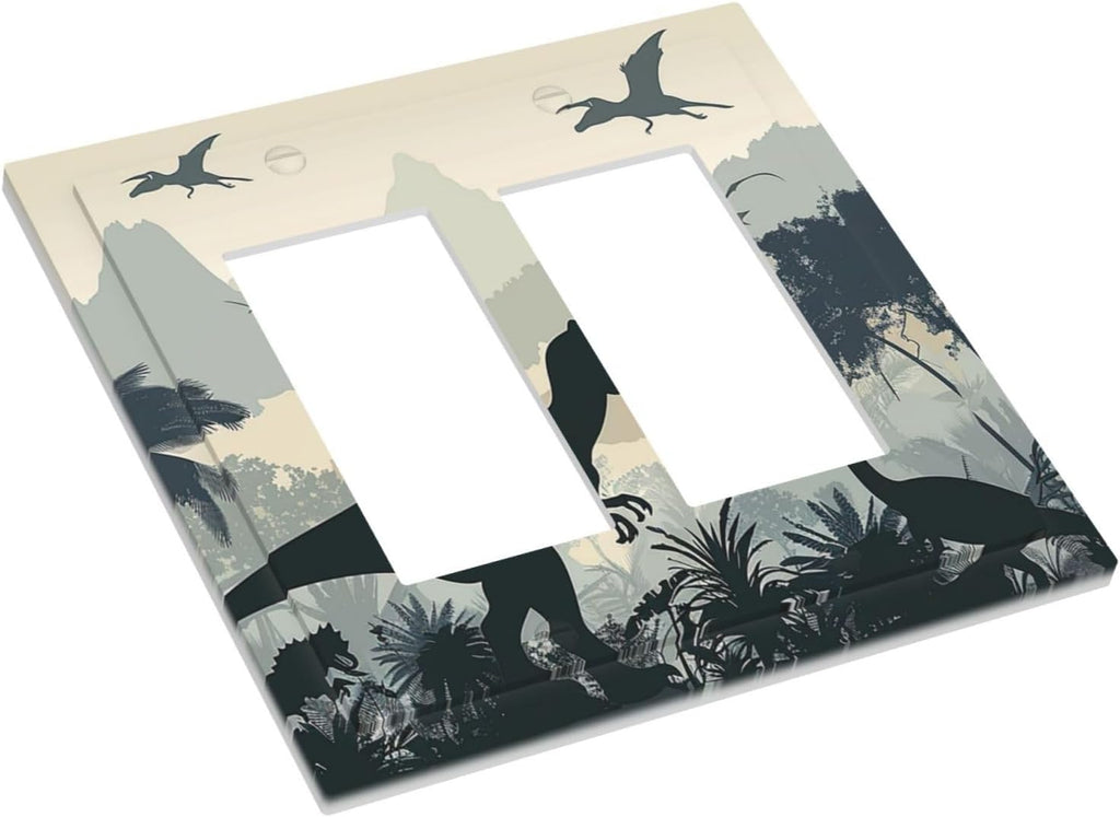 Decorative Outlet Covers Prehistoric World Dinosaur Cartoon Fores 2 Gang Double GFCI Rocker Electrical Wall Panels Light Switch Cover Plate for Kids Room Nursery Decor