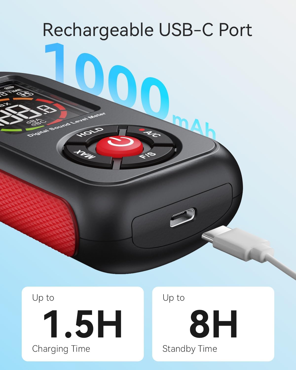 Decibel Meter, Sound & Noise Decibel Level Reader Monitor, SPL Meter 30dB to 130dB(A) with Record, Visual Alarm, A/C Weighted, Rechargeable for Home, Classroom