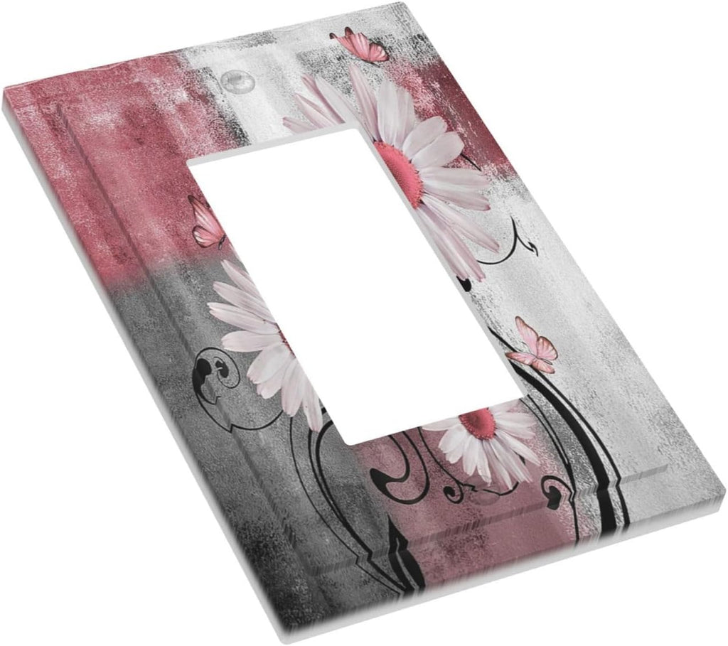 Decorative Outlet Covers Pink Floral Rustic Daisy Flower And Butterfly 1 Gang Single Rocker Light Switch Cover Plate Wall Plates GFCI Faceplate for Farmhouse Cabin Decor