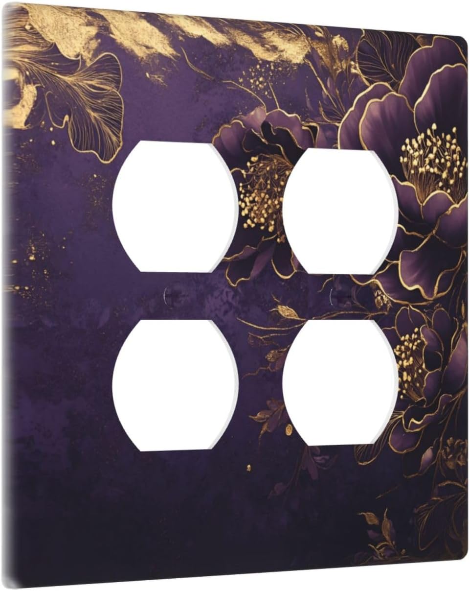 Decorative Outlet Covers Vintage Purple Peony Gold Leaf Flowers Floral 2 Gang Wall Plate Double Duplex Light Switch Cover Switch Plate Covers Faceplate for Bedroom Home Decor