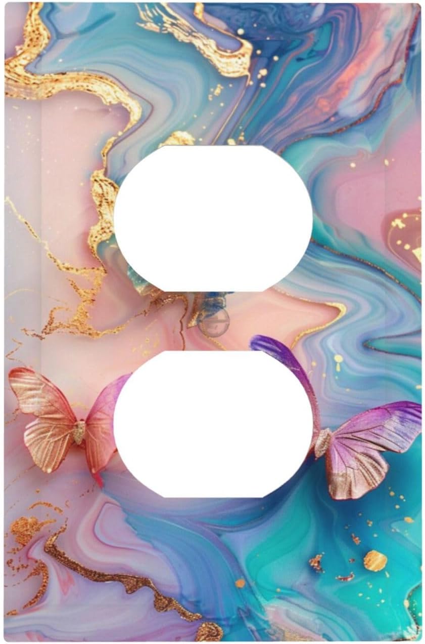 Colorful Marble Butterfly Gold Glitter Abstract Print Outlet Covers 1 Gang Duplex Light Switch Cover Decorative Switch Plates Electrical Receptacle Faceplate Wall Plate for Bed Room Living Room Decor