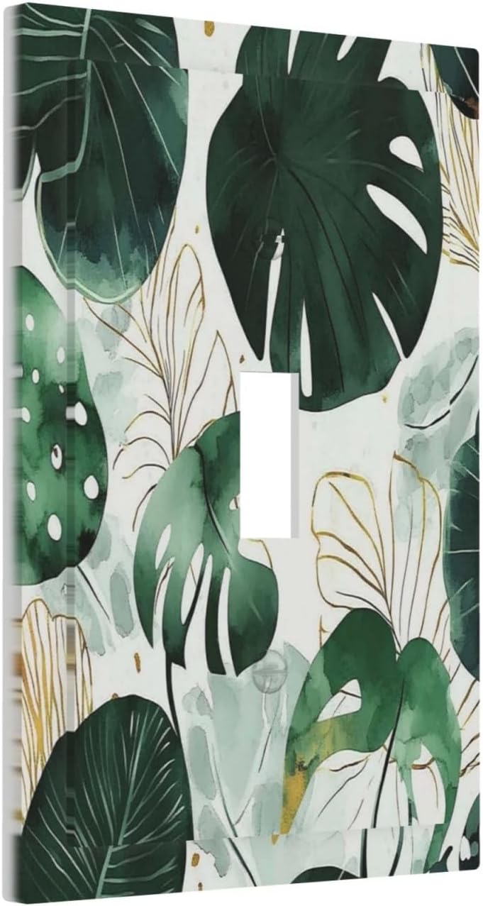 Boho Tropical Green Leaf Watercolor Banana Leaves Decorative Light Switch Cover 1 Gang Single Toggle Device Electrical Faceplate Switchplates Decorator Outlet Wall Plate For Bed Room Living Room Decor