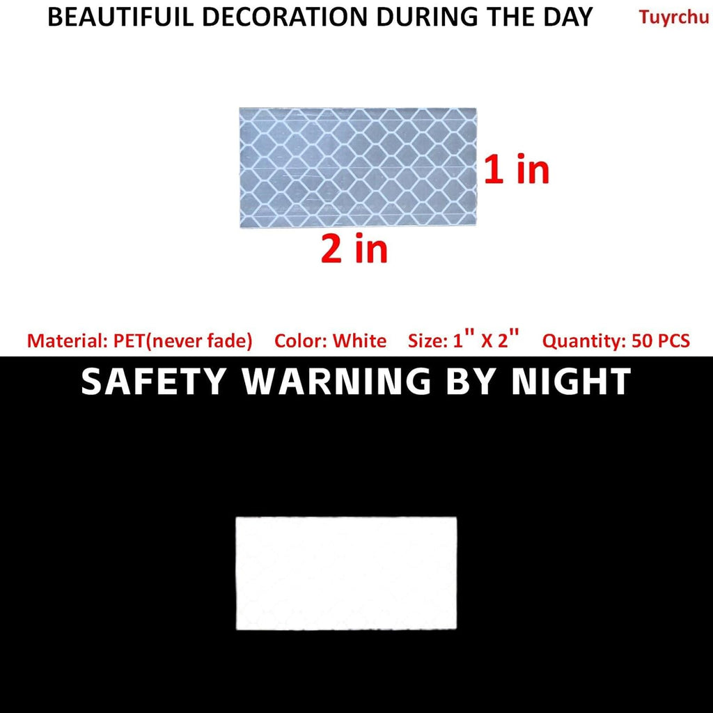 Non Fading White Reflective Stickers 1 inch X 2 inch, Outdoor Waterproof High Visibility Warning Safety Adhesive Reflector Tape (50 Pcs)