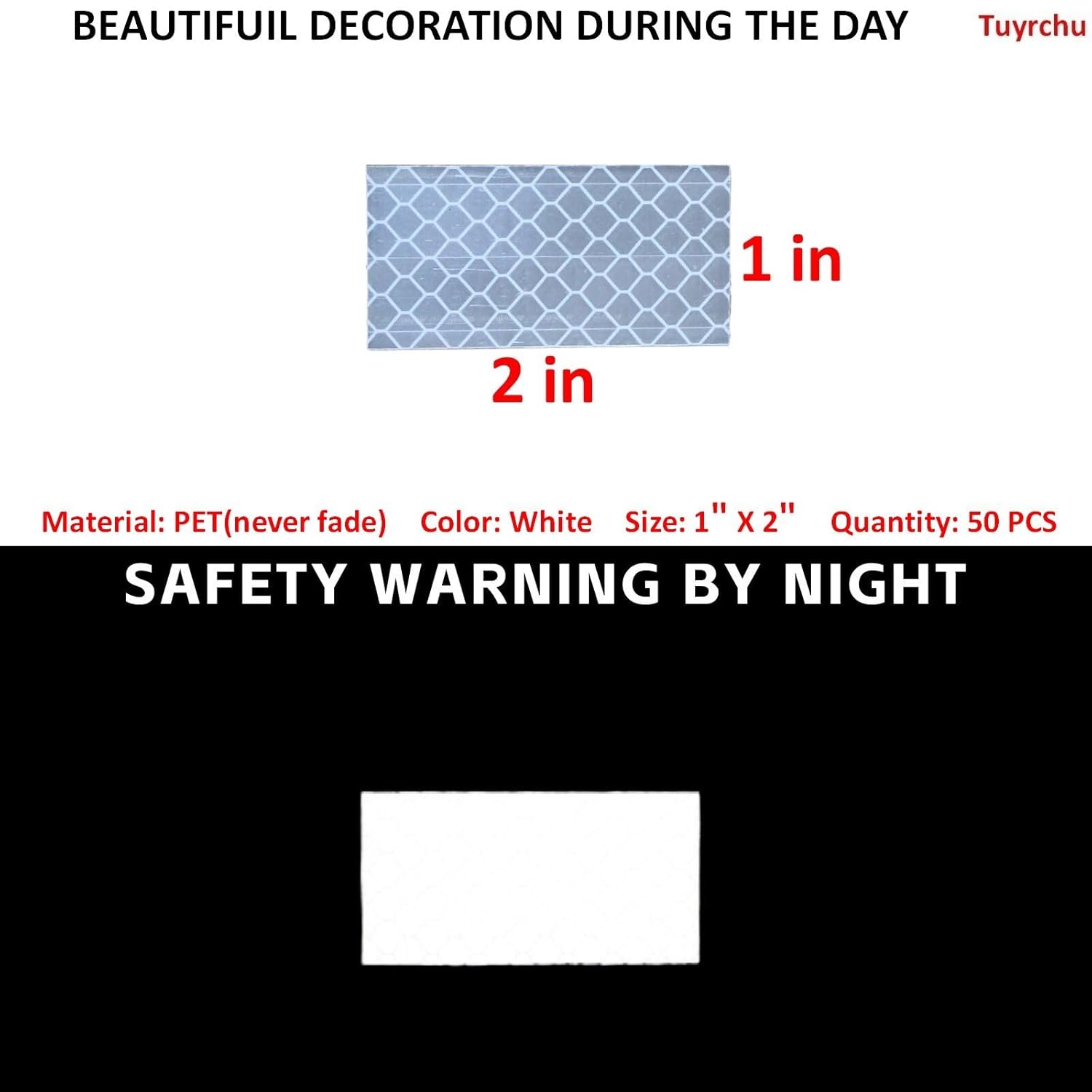 Non Fading White Reflective Stickers 1 inch X 2 inch, Outdoor Waterproof High Visibility Warning Safety Adhesive Reflector Tape (50 Pcs)