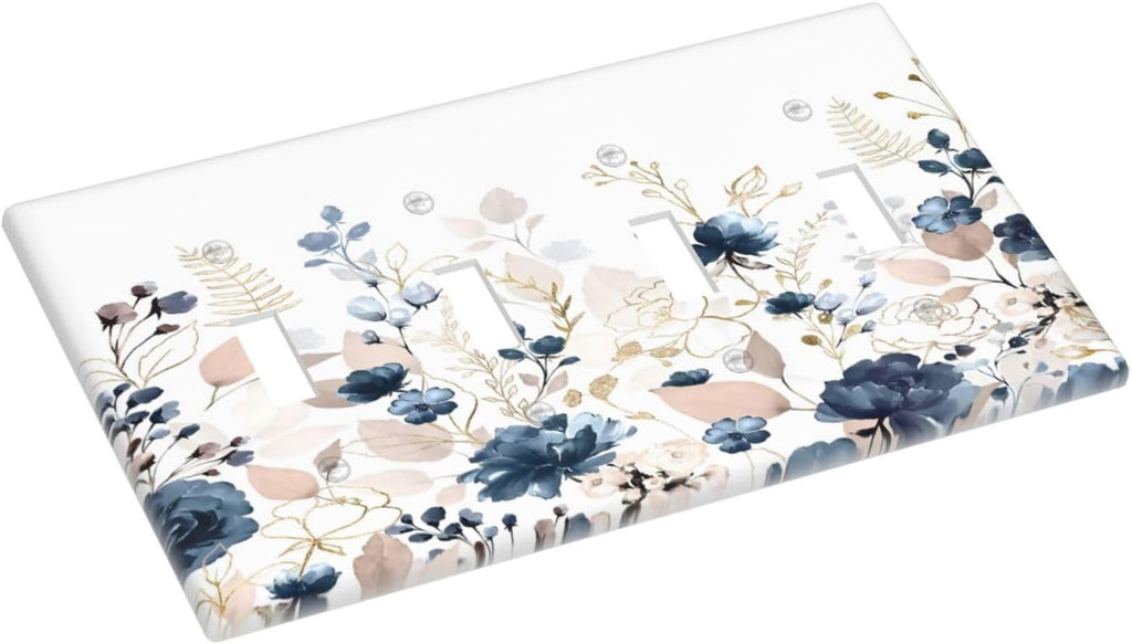Blue Flora Boho Vintage Flower Golden Leaves Light Switch Covers Quad Toggle Electrical Faceplate 4 Gang Wall Plate Decorative Switch Plates Cover for Bedroom Living Room Decor