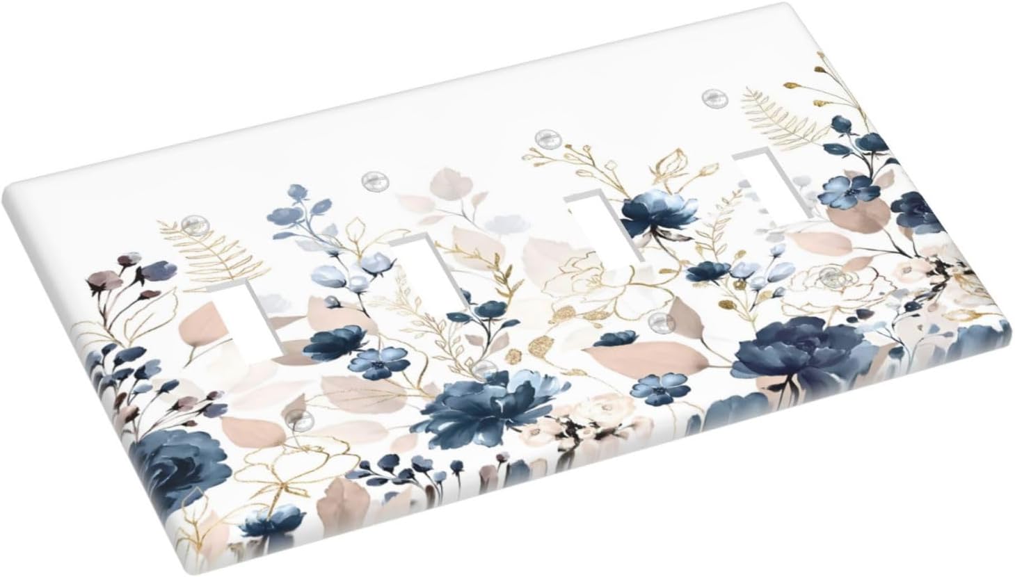 Blue Flora Boho Vintage Flower Golden Leaves Light Switch Covers Quad Toggle Electrical Faceplate 4 Gang Wall Plate Decorative Switch Plates Cover for Bedroom Living Room Decor