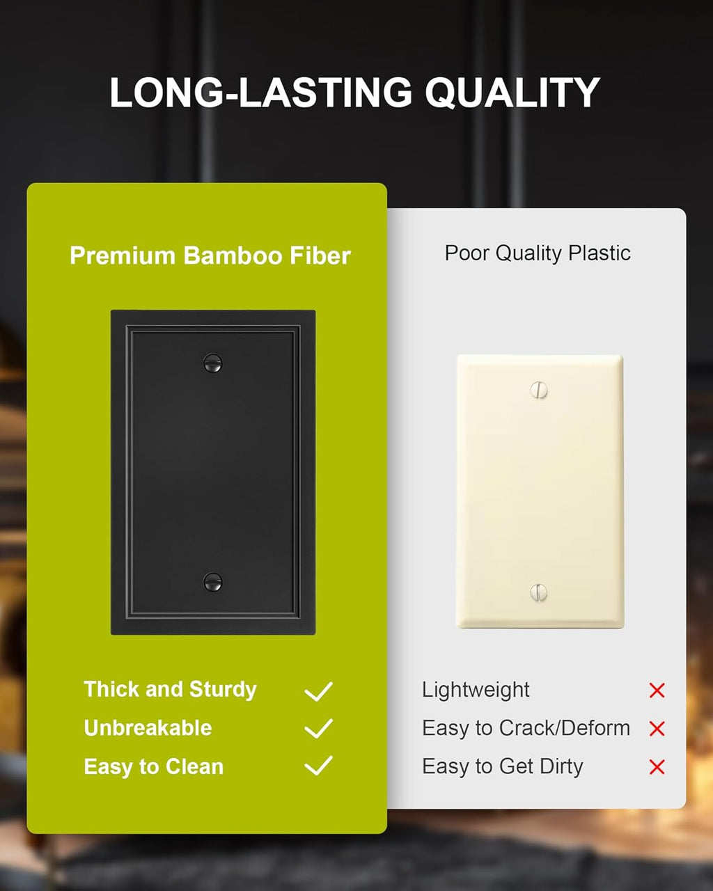 2-Pack Blank Outlet Cover Wall Plate, Natural Material Switch Plates Outlet Covers, Black Decorative Wall Plates for Electrical Outlets