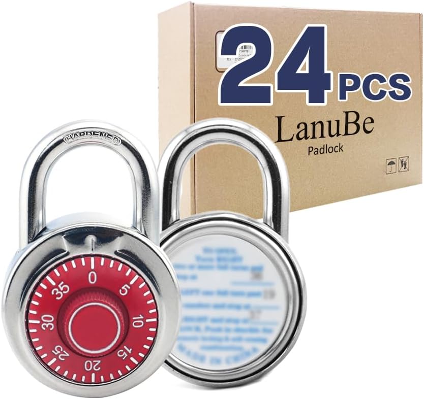 LanuBe Standard Dial Combination Lock, 2 in. Wide, with Different Combinations, Red Turnplate, Pack of 24; Lock for School, Employee, Gym Sports Locker, Case, Toolbox and so on