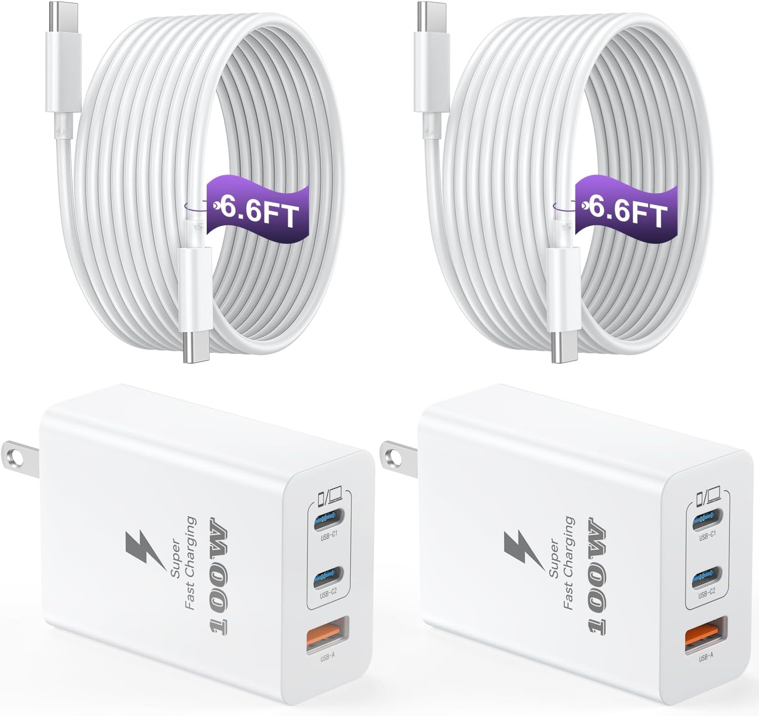 USB C Charger Block 100W, 3-Port GaN Super Fast Charger, Type C Wall Charger Adapter with 6.6ft USB C Charging Cable for MacBook Pro/Air,iPad Pro, i-Phone 16/15Pro, Galaxy S24/S23 and More[2 Pack]