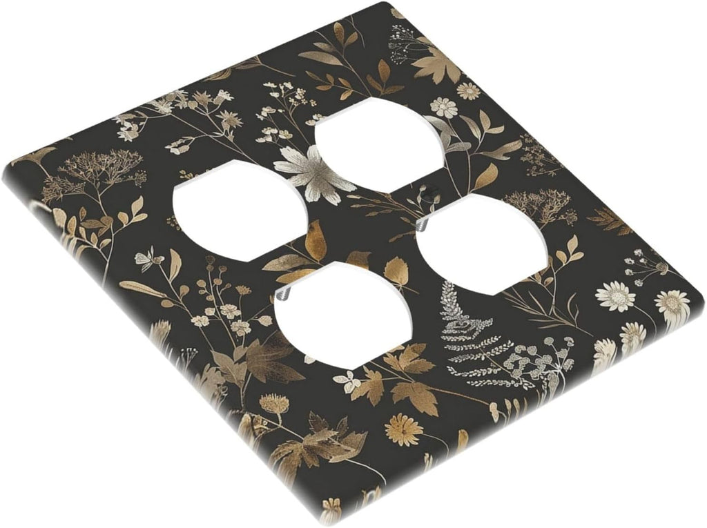 Outlet Covers Black Gold Floral Dark Leaves Vintage Flowers 2 Gang Double Duplex Decorative Light Switch Covers Electrical Wallplates Socket Faceplate for Bed Room Home Decor