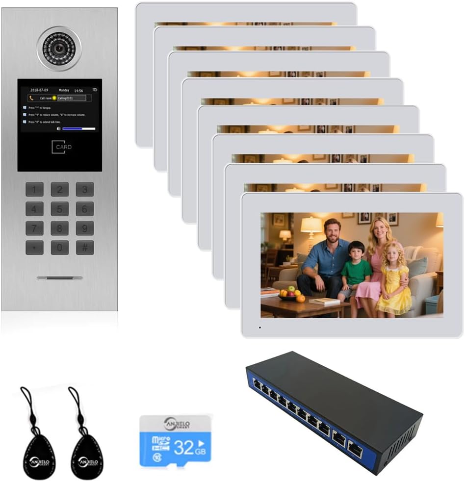 Video Intercom System 5/6/7/8 Unit Wired 7 Inch IP Video Intercom Phone for Apartment Building Security Home Access Control System with Digital Keypad and IC Card (for 8 Family)