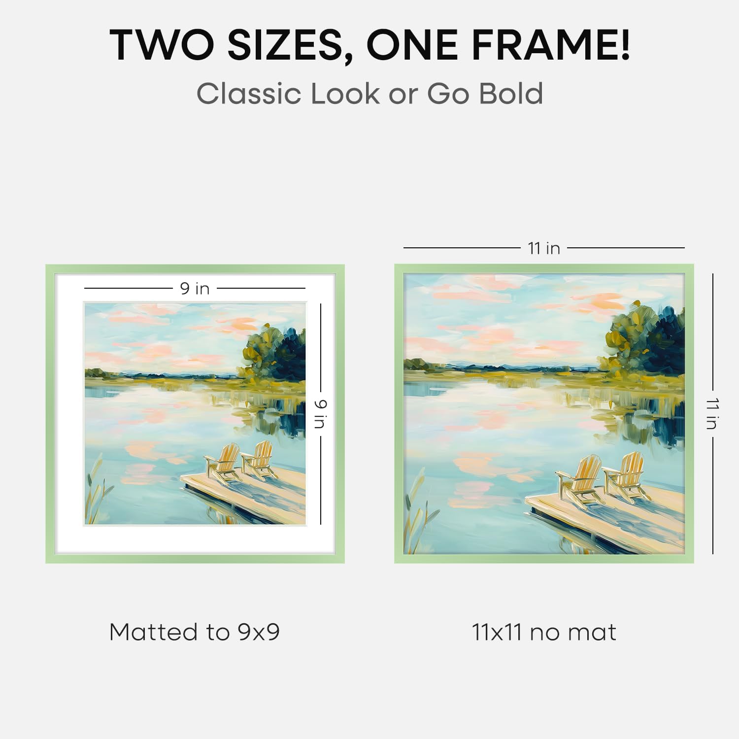 Homeforia 11x11 Sage Green Picture Frame, High End Metal 11 by 11 Square Frames with Mat 9 x 9 Photo, 11by11 Poster Frame Matted to 9x9 inch Art, Wall Hanging Frame, Tempered Glass, Wall Kit, Set of 2