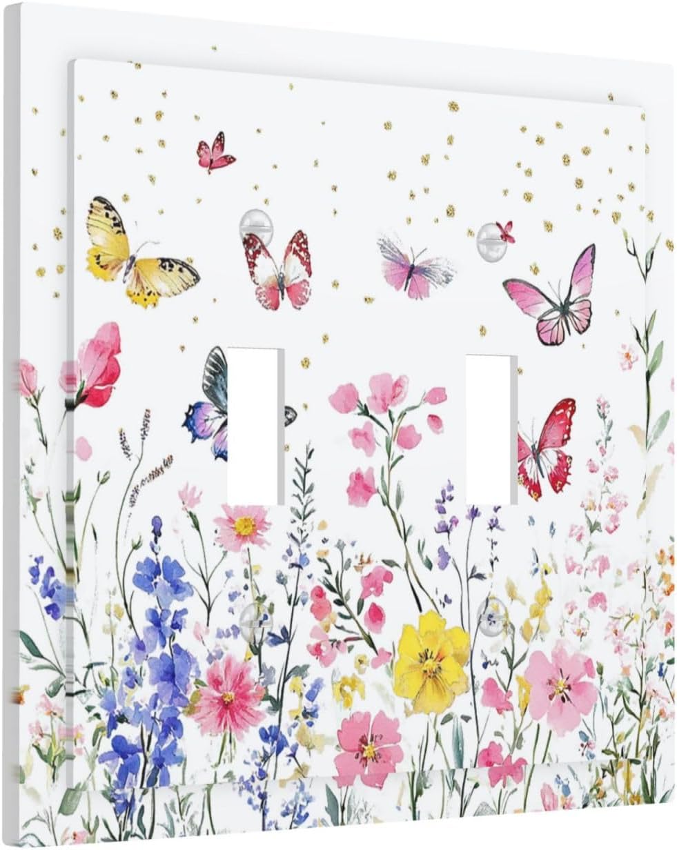 Decorative Switch Plates Watercolor Floral Butterfly Colorful Wildflower 2 Gang Double Toggle Outlet Light Switch Cover Wall Plate Electrical Faceplate For Bed Room Living Room Decor