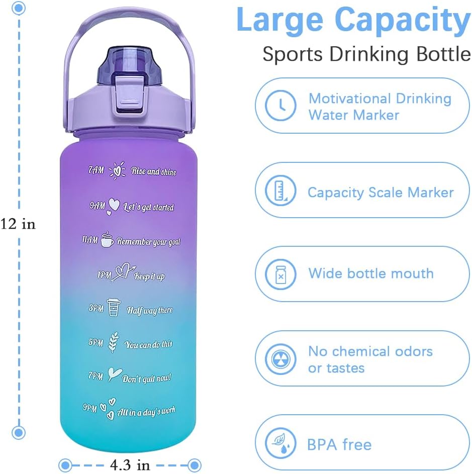 64 oz Large Capacity Water Bottle with Motivational Time Markers and Straw, Portable, Leakproof, BPA Free for Fitness, Gym and Outdoor Sports. (Purple)