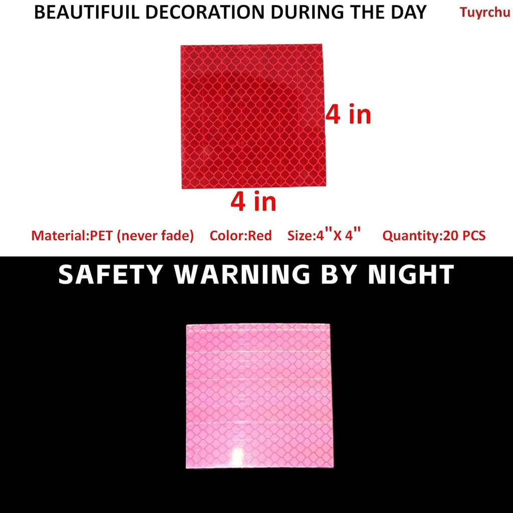 Non Fading Red Reflective Stickers 4 inch X 4 inch, Outdoor Waterproof High Visibility Warning Safety Adhesive Reflector Tape (20 Pcs)