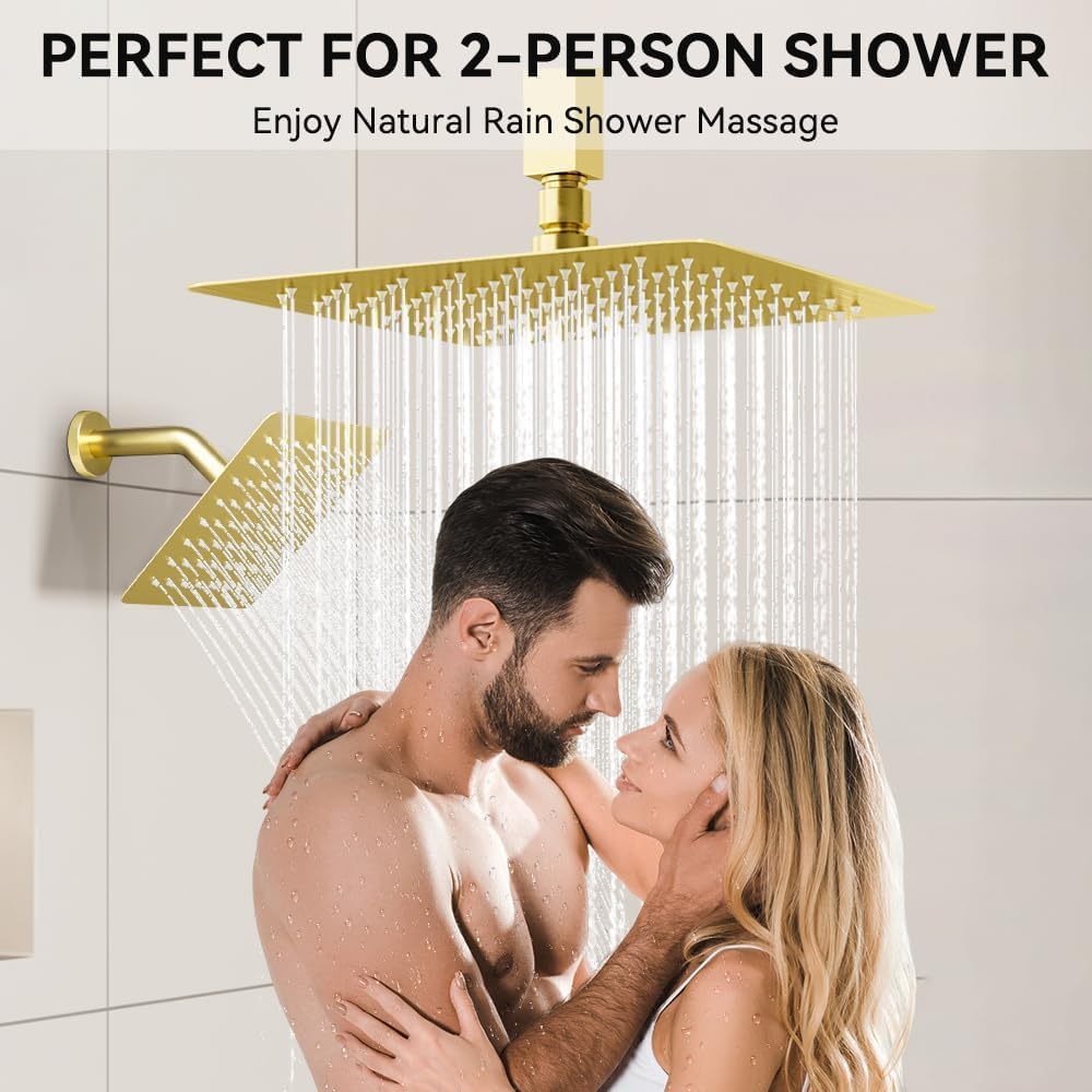 Shower Systems with Rain Shower and Handheld,STARBATH Dual Head 12+6" Rainfall Shower Can Run All Together, Ceiling Mount Shower Faucet Set with Pressure Balance Valve and Trim Kit, Brushed Gold