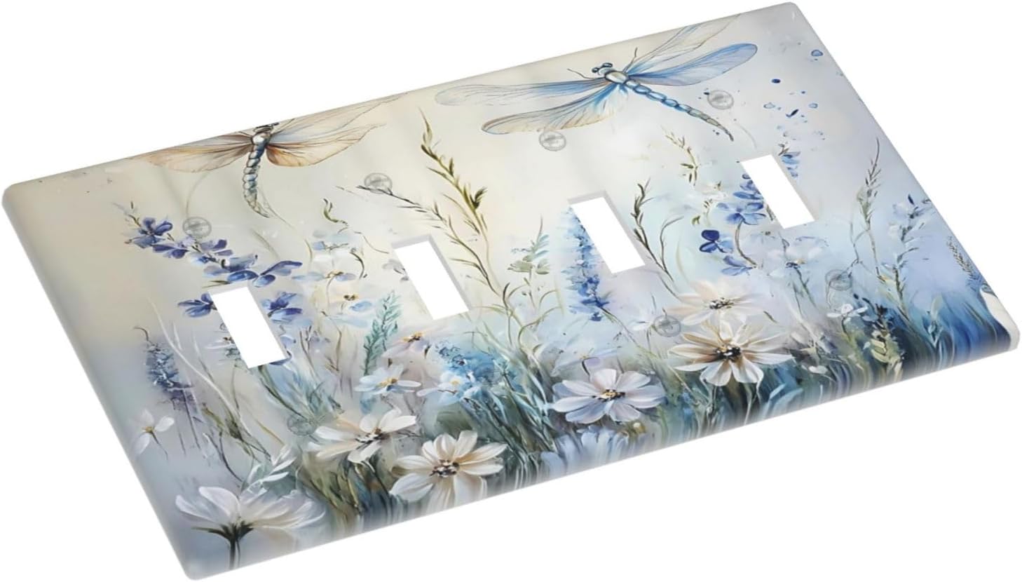 Decorative Light Switch Cover Plate Watercolor Dragonfly Blue Wihte Flower 4 Gang Wall Plates for Electrical Outlets Quad Toggle Switch Plate Covers Outlet Covers Faceplate for Bedroom Decor