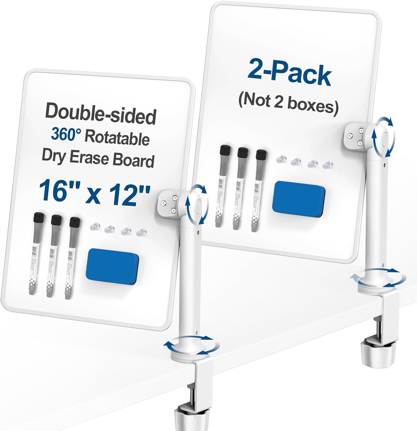Double-Sided Desk Whiteboard with Dual 360° Swivel - 16" x 12" Clamp-On Desktop Whiteboard for Tables Under 2.3" Thick for Office, Home, School(2pc)
