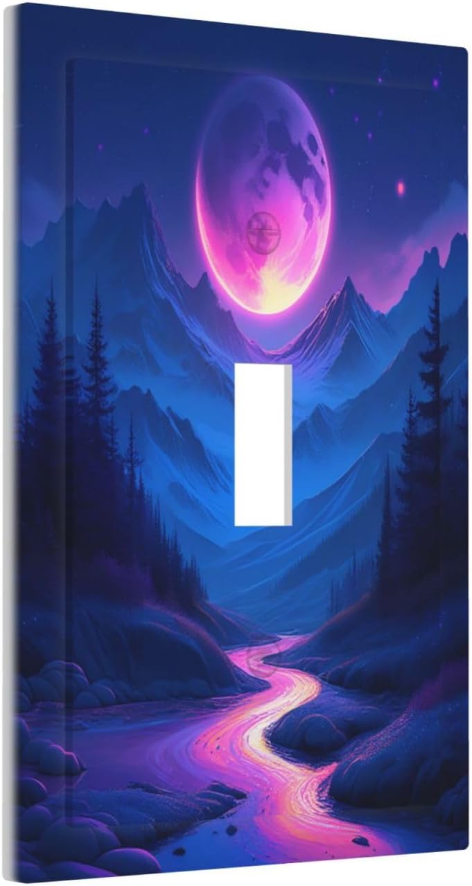 Purple Cyberpunk River Full Moon Mountain Forest Decorative Light Switch Cover 1 Gang Single Toggle Decorator Outlet Wall Plate Device Electrical Faceplate Switchplates for Bedroom Bathroom