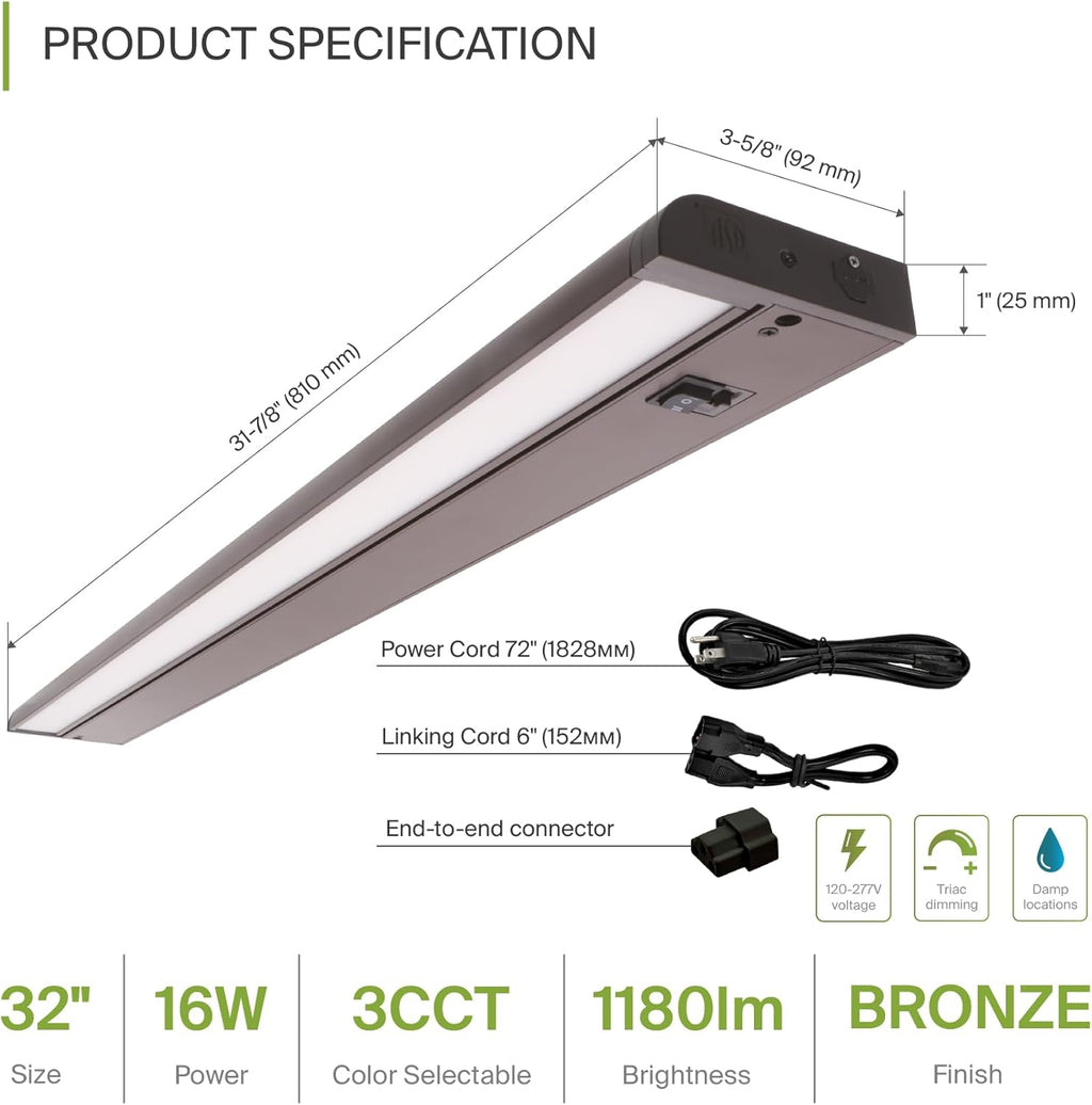 ASD Swivel LED Under Cabinet Lighting Bronze, 32 Inch 16W, Hardwired or Plug-in, 2700K/3000K/4000K, Hi/Low Switch, Rotatable Lens, Dimmable Linkable Under Counter Light for Kitchen, ETL & Energy Star