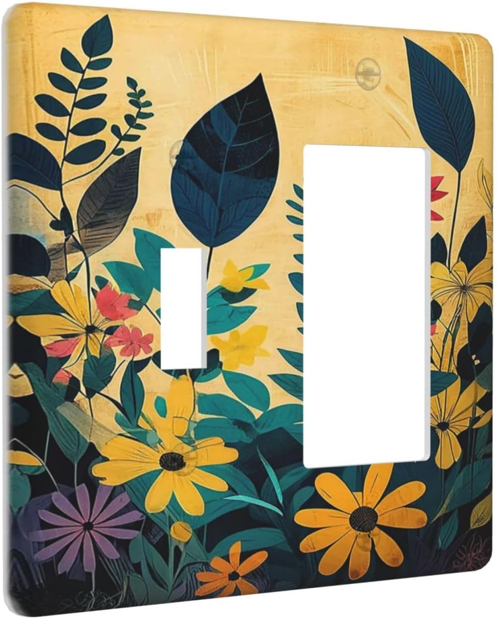 Abstract Minimalist Floral Botanical Boho Flower 2 Gang Combo 1 Toggle 1 Rcoker Light Switch Covers Decorative Switch Plates Electrical Switch Plates and Outlet Covers for Home Art Decor 4.5 X 4.5 IN