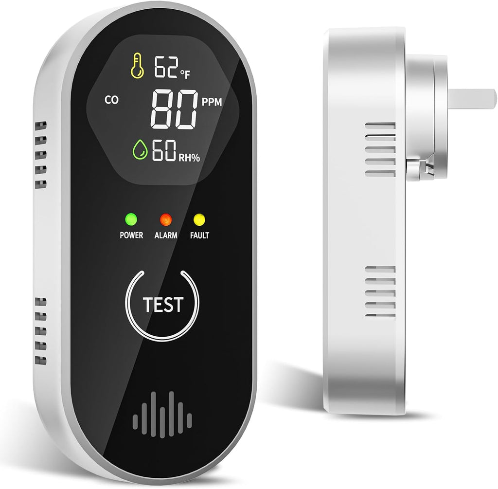 3-in-1 Carbon Monoxide Detectors with Temp & Humid, Plug in, 85dB Audible & Visual CO Alarm, LCD Digital Display, Easy to Install,Test Button, Portable for Bedroom/Office/Camper, Gives Peace of Mind