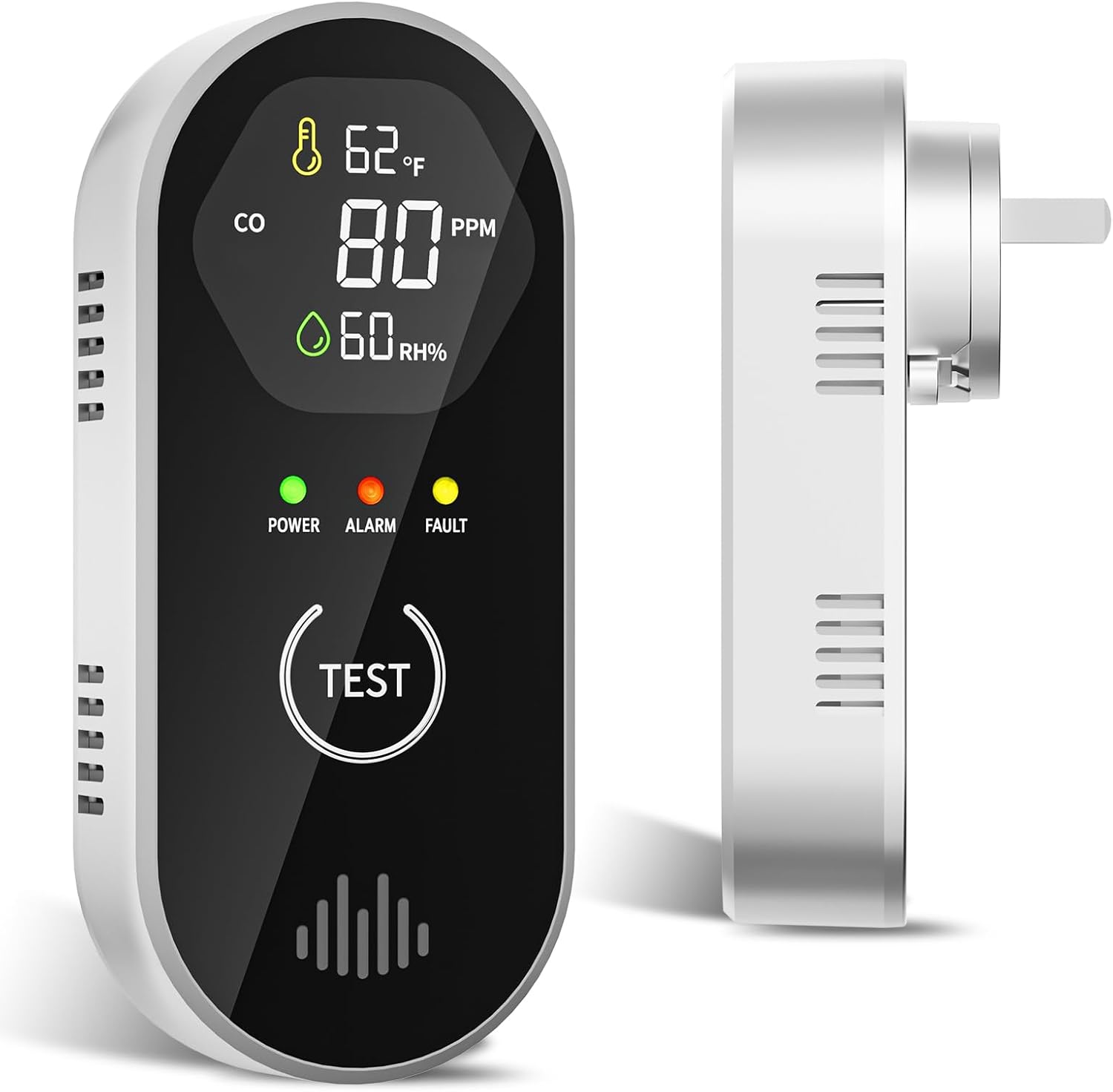 3-in-1 Carbon Monoxide Detectors with Temp & Humid, Plug in, 85dB Audible & Visual CO Alarm, LCD Digital Display, Easy to Install,Test Button, Portable for Bedroom/Office/Camper, Gives Peace of Mind