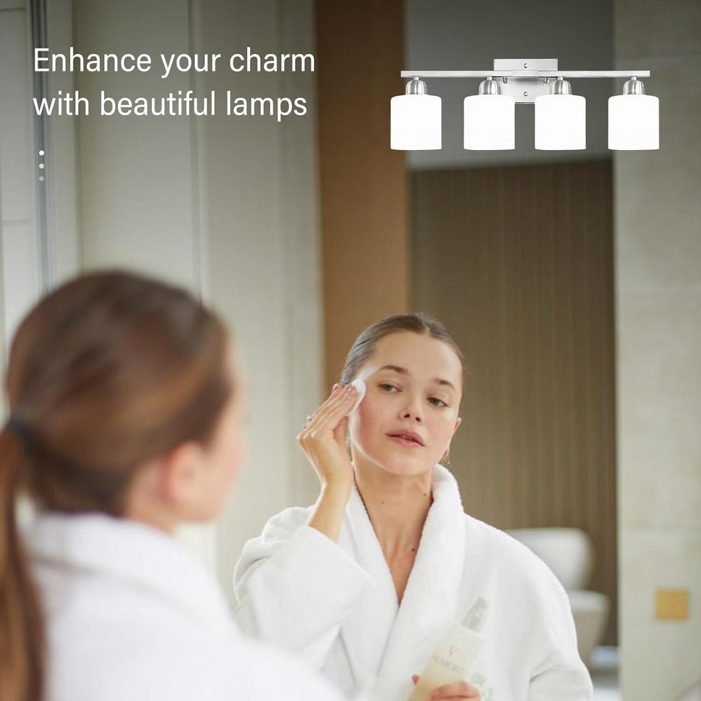 4 Light Bathroom Light Fixtures, Brushed Nickel Vanity Lights for Bathroom with Milky White Frosted Glass Shade, Wall Lights for Mirror Bedroom Living Room E26 Base