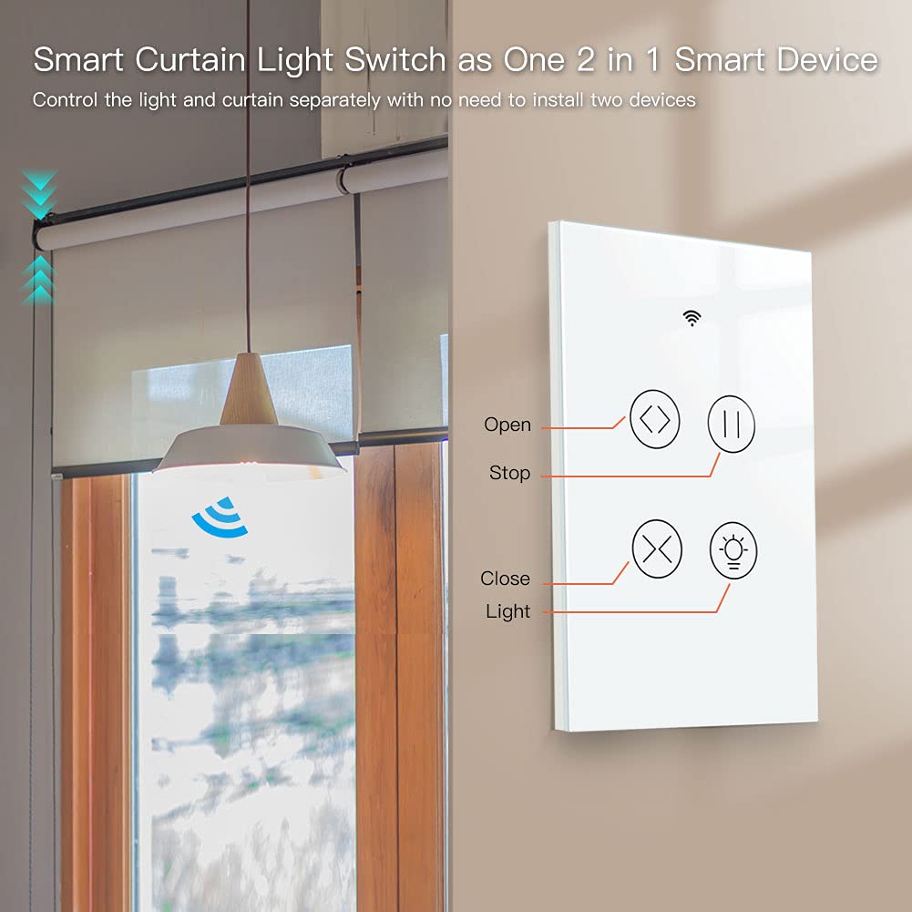 MOES 2.4GHz WiFi RF Smart Curtain Light Touch Switch Glass Panel Backlight ON/Off Wireless Remote Control with Tuya Smart Life App, Voice Control with Google Home Alexa, White