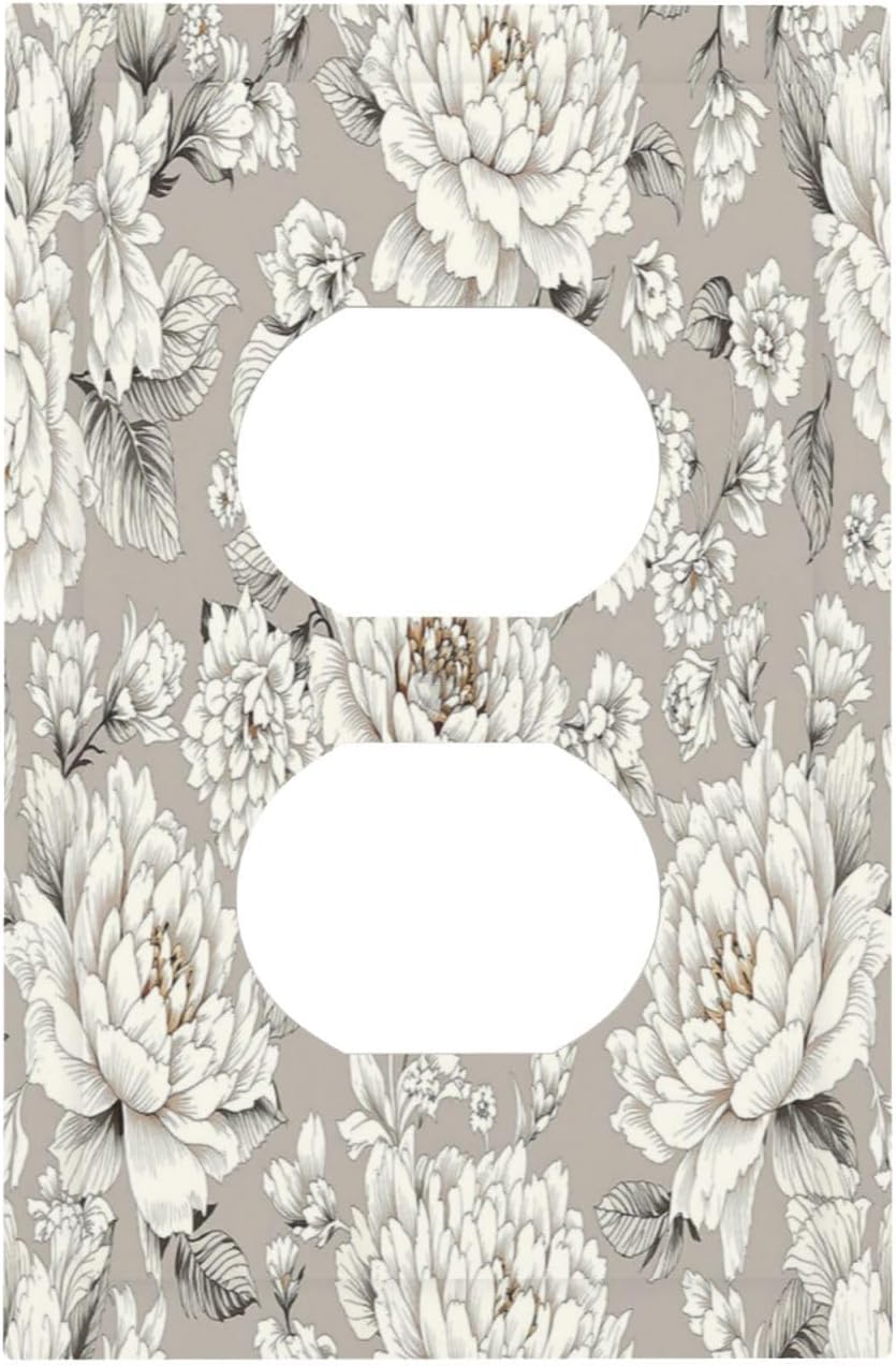 White Poppies Floral Modern Grey Peonies Flowers Outlet Covers 1 Gang Duplex Light Switch Cover Wall Plate Decorative Switch Plates Electrical Receptacle Faceplate for Bedroom Bathroom