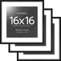 Homeforia 16x16 Black Wood Frame, High End Oak 16 x 16 Square Picture Frames with Mat 12 by 12 inches Photo, 16by16 Black Wooden Poster Frames Matted to 12x12 Print, Tempered Glass, Wall Kit, Set of 3