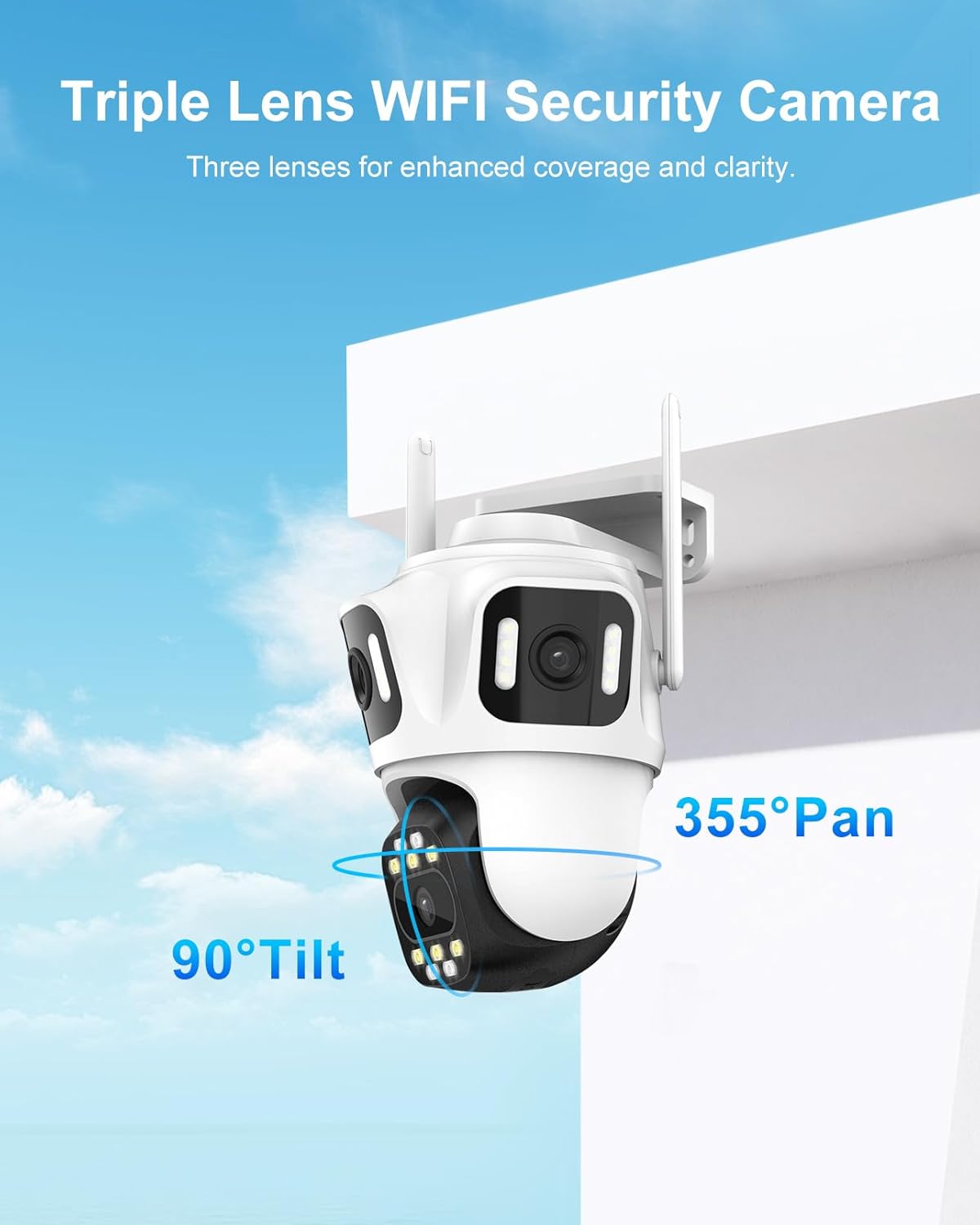 Three Lens WiFi Outdoor Security Camera, 9MP Wireless Home Security Cam, 360° Pan/Tilt, Human Detection, AI Auto Tracking, No Blind Spot, Color Night Vision, Two-Way Audio, Spotlight, IP66