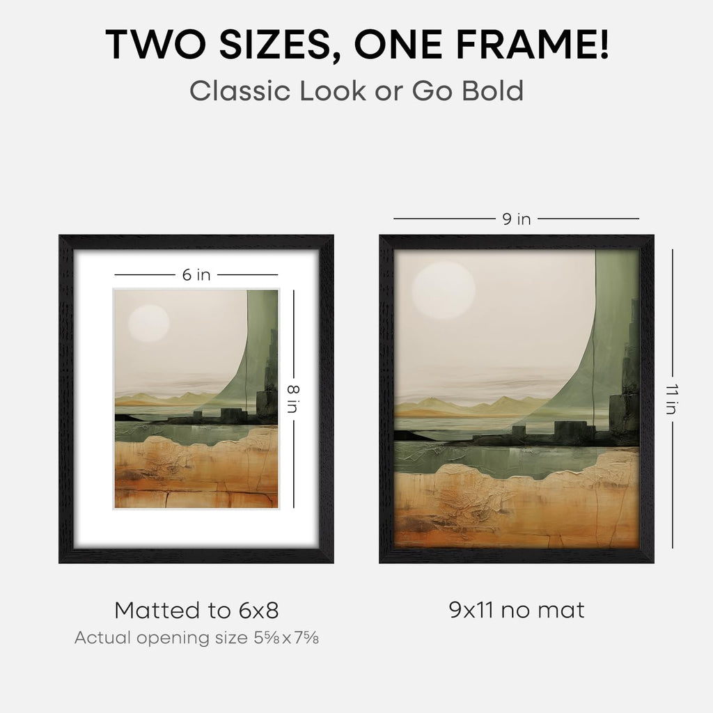 Homeforia 9x11 Black Wood Picture Frame, High End Oak 9 x 11 Frames with Mat 6 by 8 Print, 9by11 Black Wooden Frame Matted to 6x8 inch Photo, Wall or Tabletop Frame, Tempered Glass, Wall Kit, Set of 1