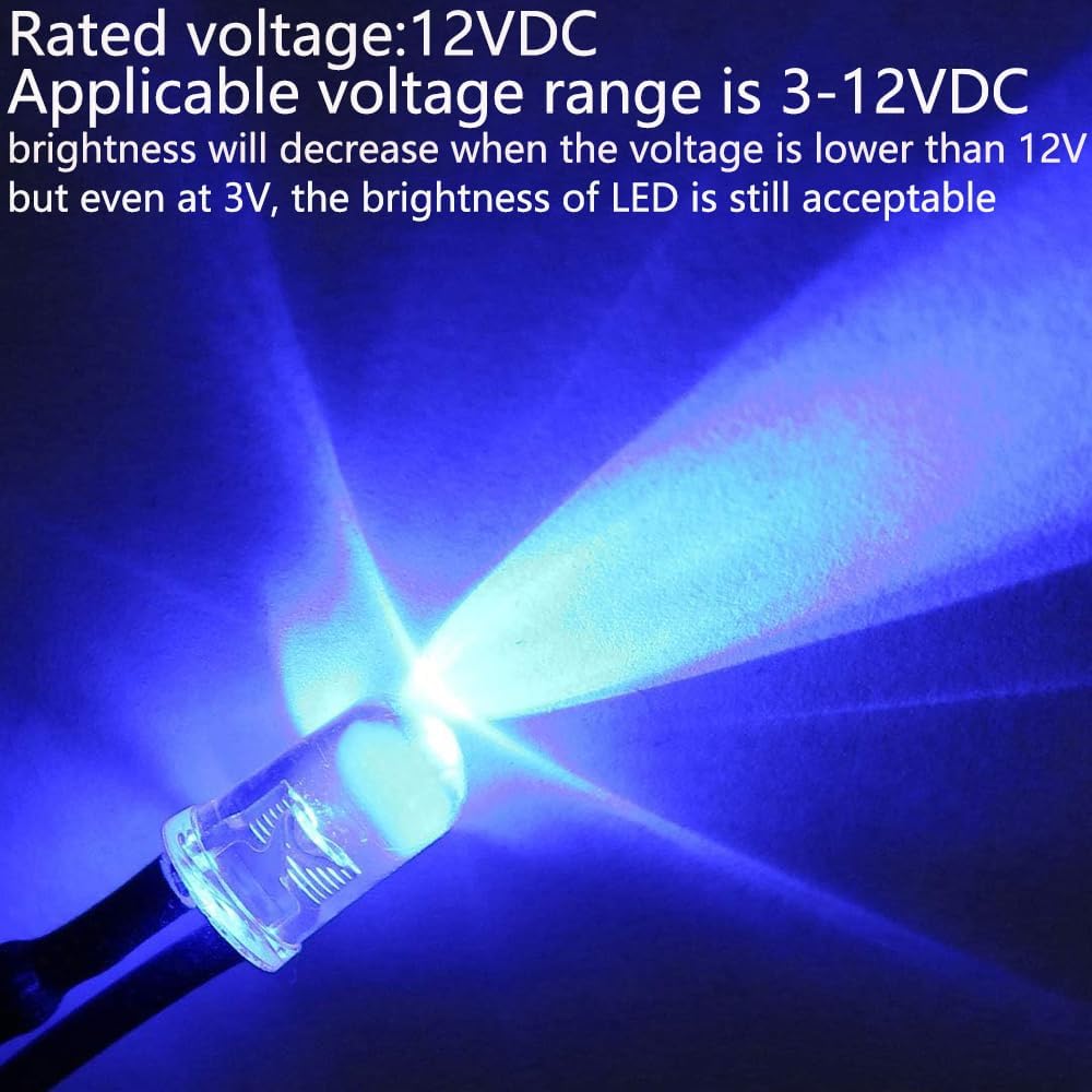 50pcs 3V-4.5V-5V-6V-7.5V-9V-12VDC 5mm Blue LED Lights Emitting Diodes, 12VDC Prewired 7.9 Inch V LED Light Diffused Colored Lens Small LED