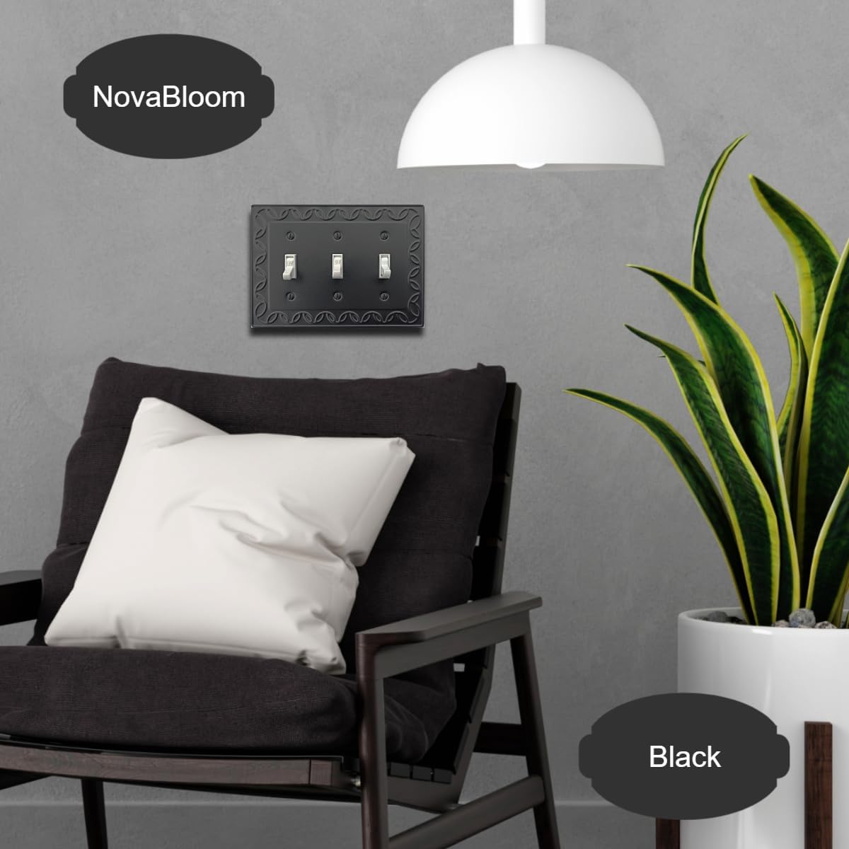 Triple Toggle Light Switch Cover NovaBloom Metal Wall Plate, 2-Pack Black 3 Gang, Light Switch Cover Decorative Wallplate, Durable