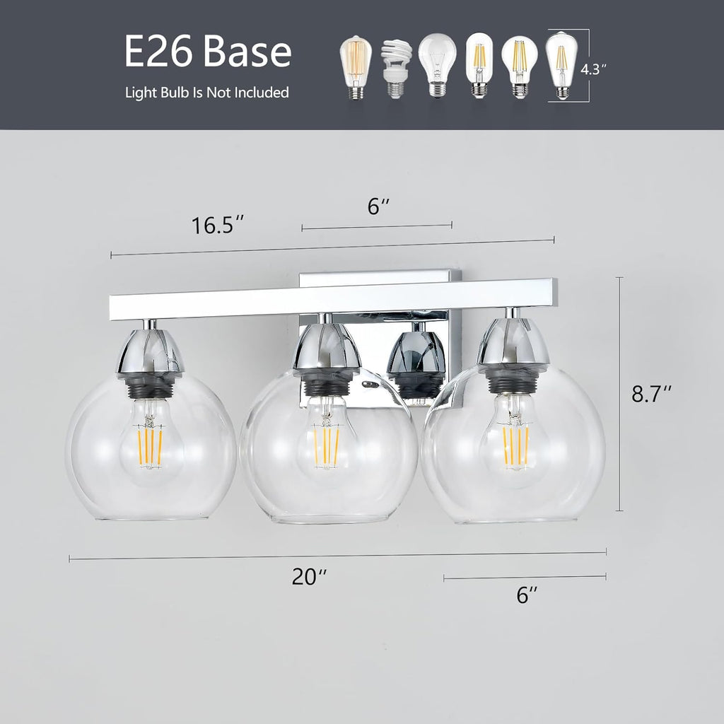 Bathroom Light Fixtures, 3-Light Silver Vanity Light with Hand-Blown Thick Glass Shades, High Transparency & Few Flaws, Wall Sconce for Mirror, Kitchen, Bedroom